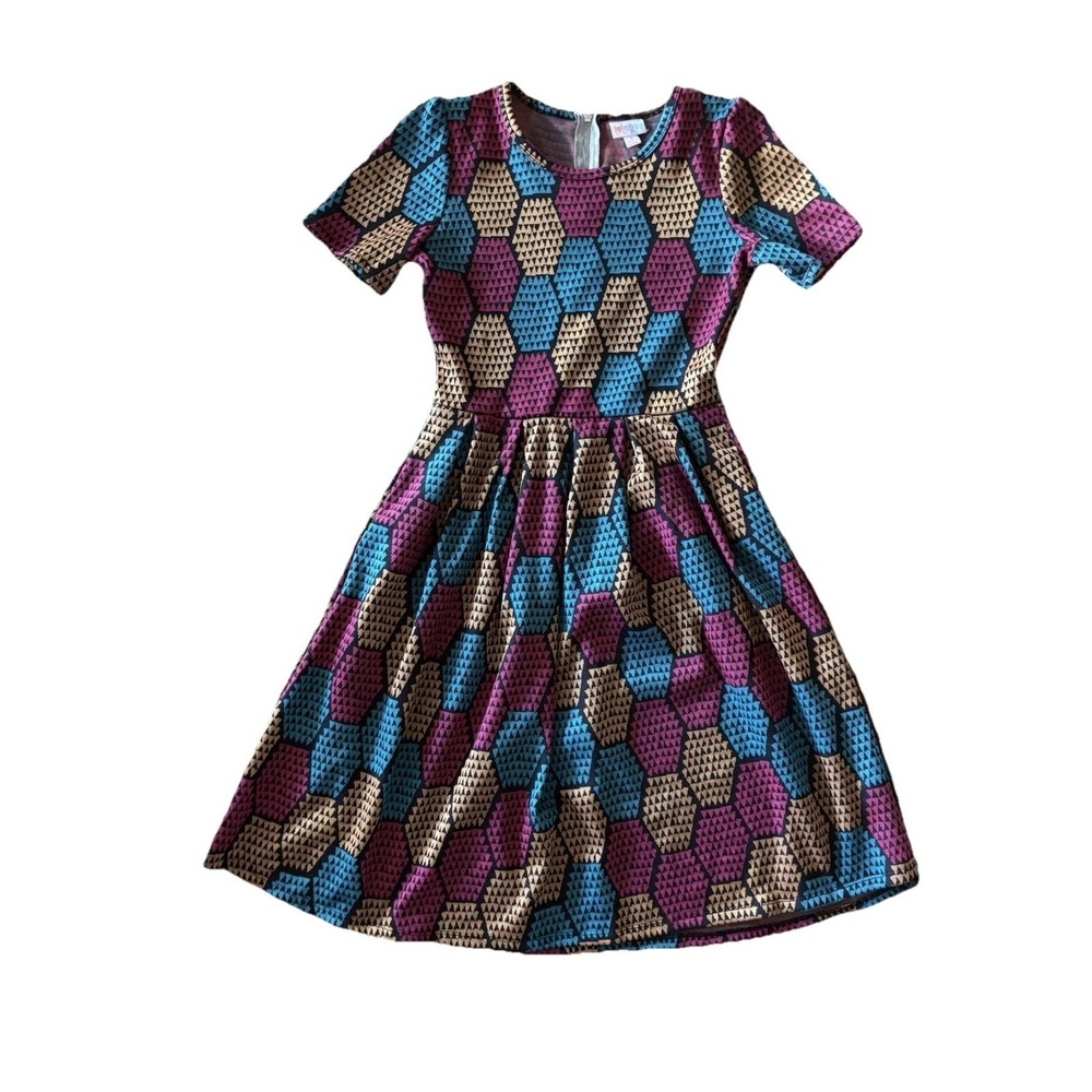 LuLaRoe Fit & Flare Dress Pink Blue‎ Yellow Sz Small